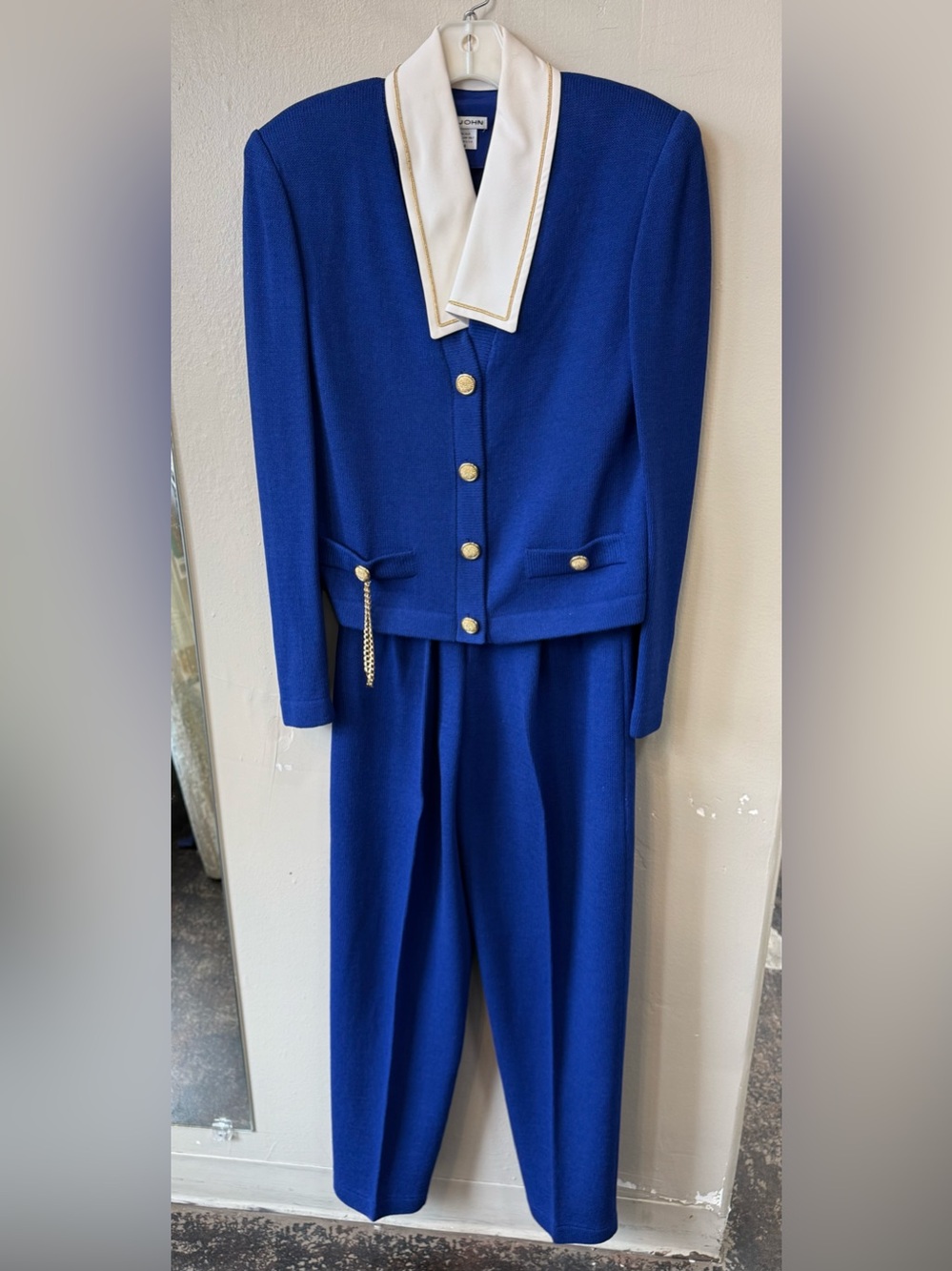 Vintage St. John Collection Blue Knit Pant Set Silk Collar Size 8/6